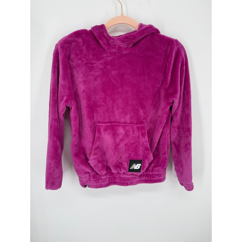 New Balance Fleece Hoodie Kids Size M 10/12 Magenta Pink Plush Pullover Logo